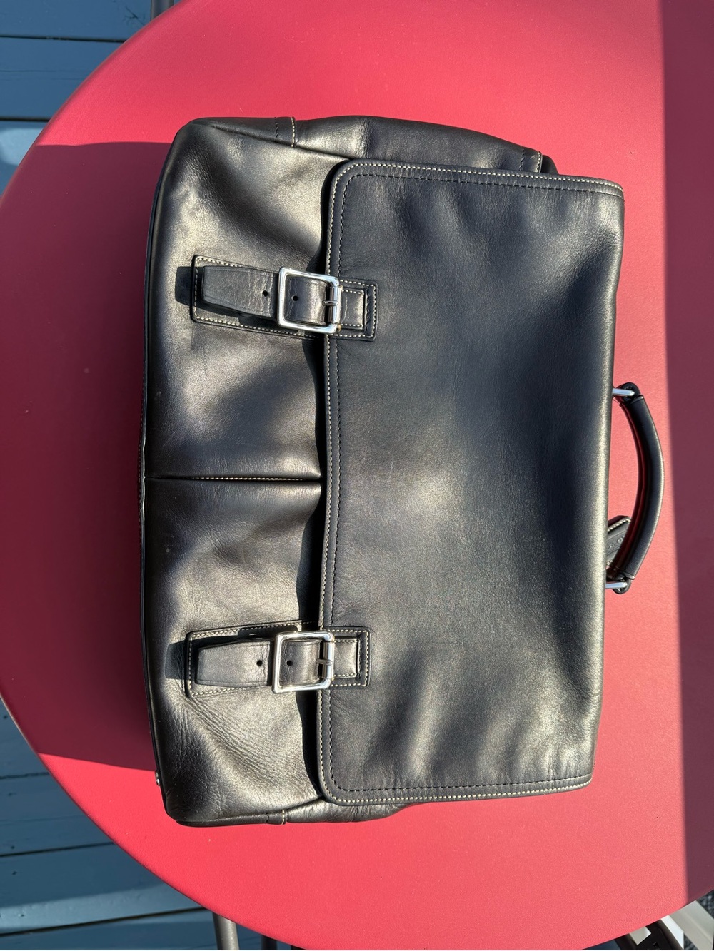 Coach Black Leather Messenger Bag with Buckle Straps